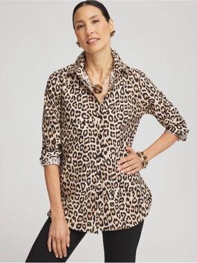 Chico's Leopard Print No-Iron Button-Down Shirt - Beige & Black Size 12/14